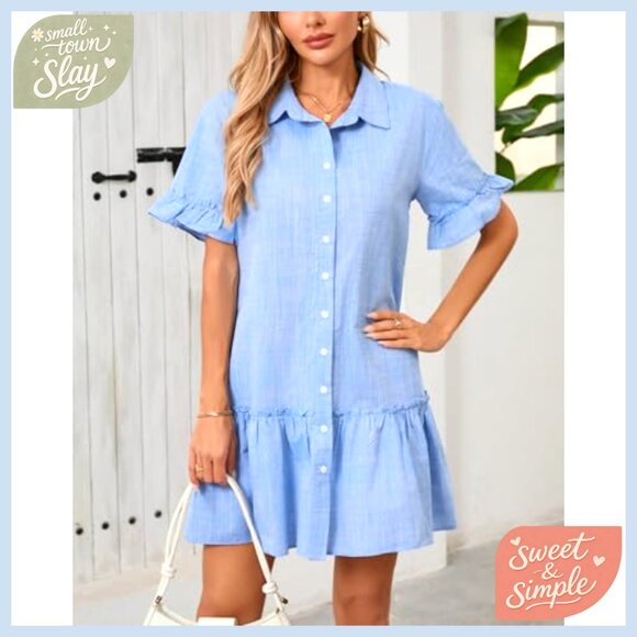 Cotton Linen Mini Dress Drop Waist Button Down Ruffle Sleeves Casual - Picture 2 of 7
